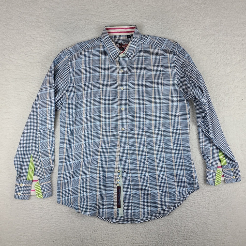 Robert Graham X Dress Shirt Mens Large Blue Brown Plaid Button Up *